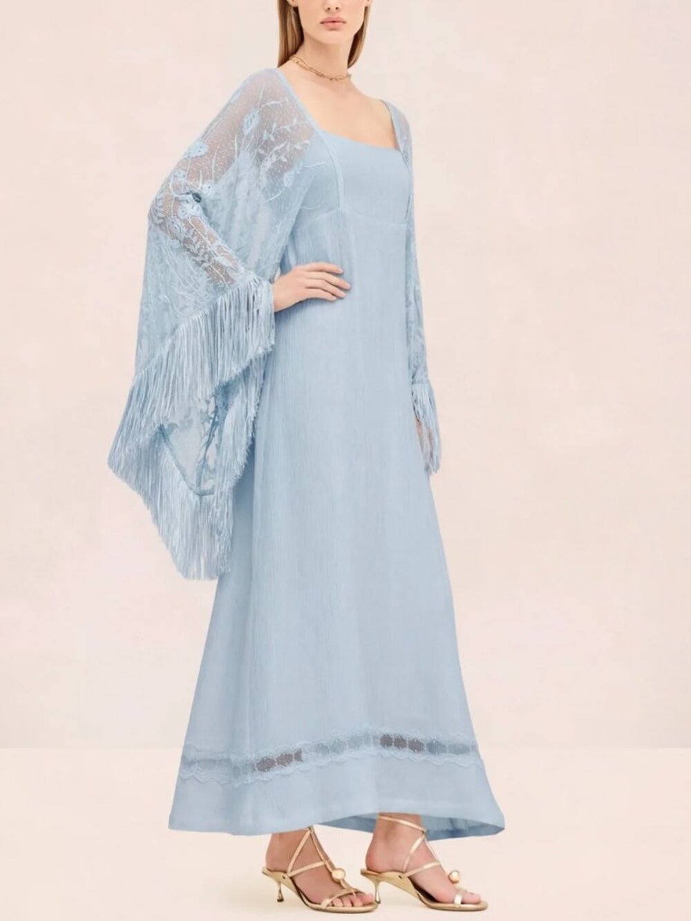 Alexis Evienne Maxi Dress - Dusty Blue Lace Sleeves Fringe Party Wedding XSmall